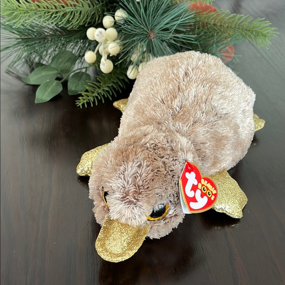 NWT Ty Beanie Boos Baby, Perry Platypus Brown Plush 2018 w/ Gold Glitter, Mammal